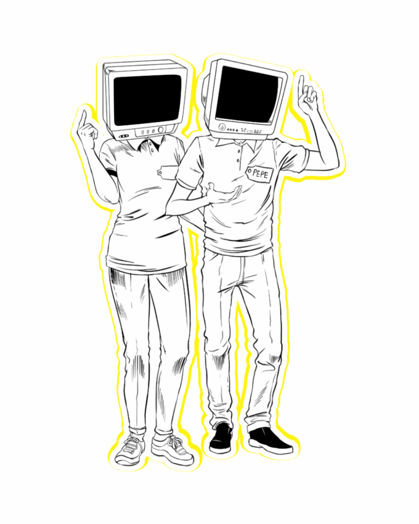 Two humanoid characters with old TV sets as heads, wearing Grand Achat uniforms, representing the faceless workers known as TV Heads from Murua Media’s wasteland universe.